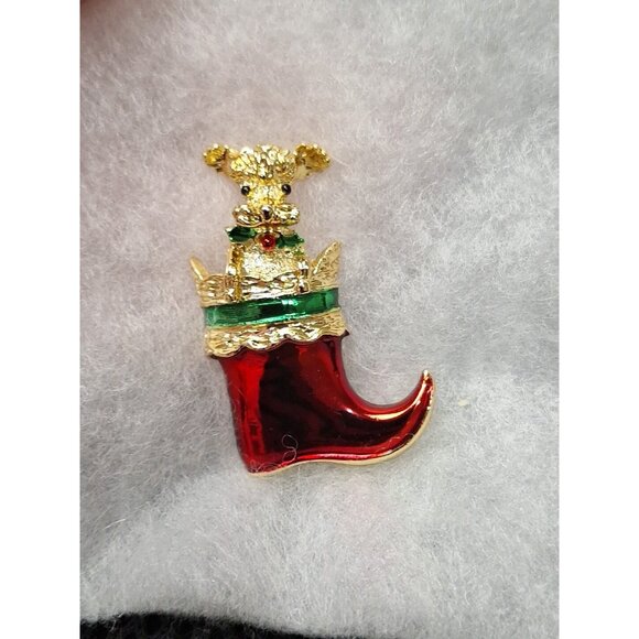 Vintage Gerry's Gold Tone Red Enamel Poodle Dog Christmas Stocking Brooch Pin - Picture 2 of 7
